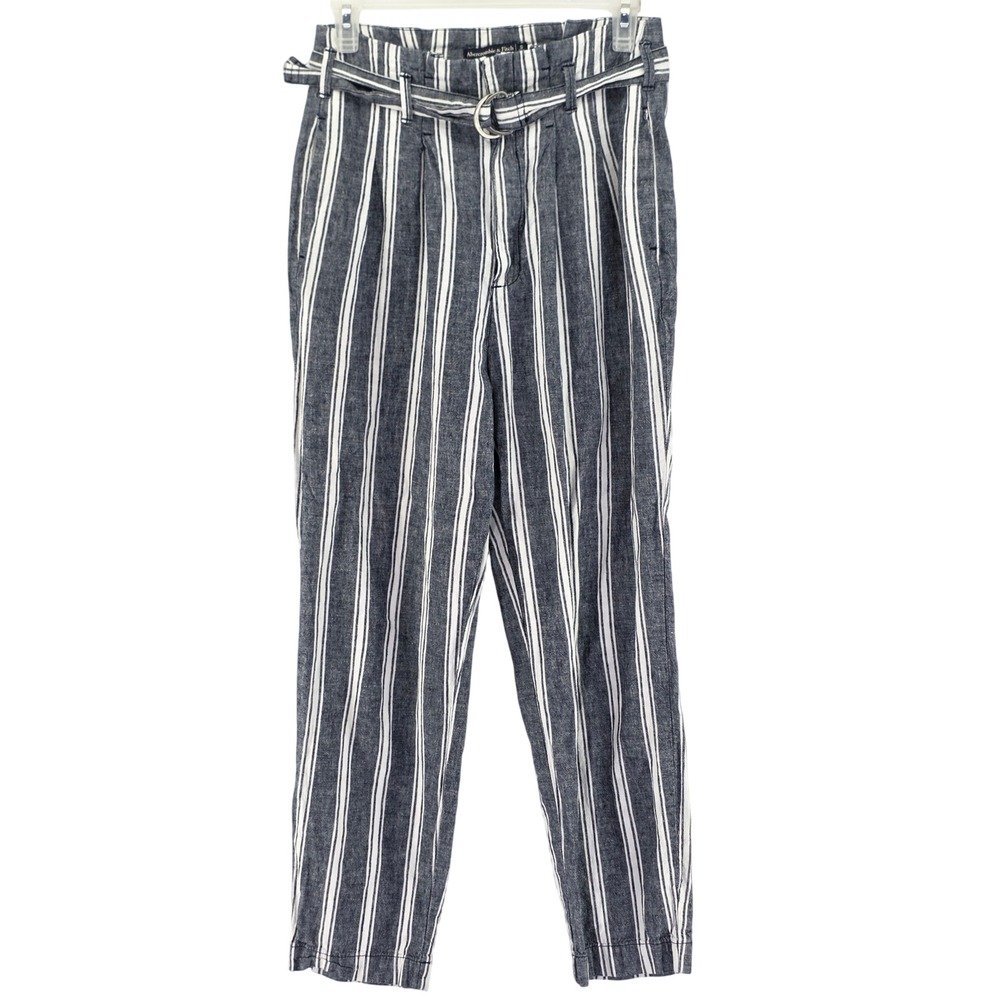 Abercrombie & Fitch Pants Womens Small‎ Blue Striped Linen Blend Paperbag Belted